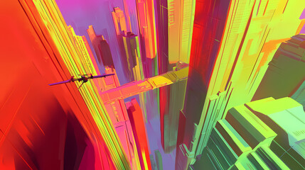 Cityscape dreamscape, vibrant city pop anime scene featuring a small drone or rocket launch, bold outlines, solid colors, clean geometric design, cool neon palette. Neon Dreamscape City. Illustration