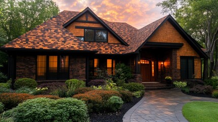 Brick home with a warm, inviting atmosphere at sunset. The landscaping complements the home's architectural style beautifully.