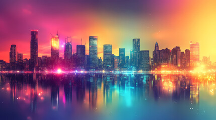 Fototapeta premium Futuristic city skyline at sunset with neon lights and colorful reflections. Neon Dreamscape City. Illustration