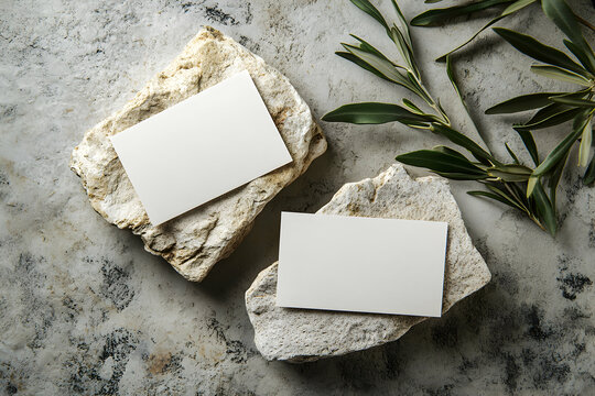 Elegant stationery mockup with blank cards on natural stone pedestals accented by lush olive branch foliage creating a refined presentation - Powered by Adobe