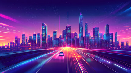 Fototapeta premium Futuristic city skyline with glowing neon lights and motion blur effect on highway at dusk. Neon Dreamscape City. Illustration