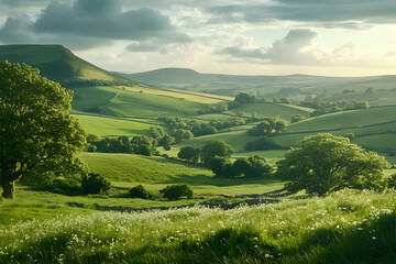 Obraz premium Rolling green hills and meadows creating a perfect scenic wallpaper