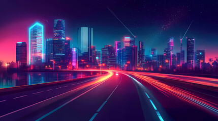 Futuristic city skyline with glowing neon lights and motion blur effect on highway at dusk. Neon Dreamscape City. Illustration
