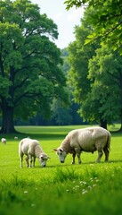 Obraz premium Grazing sheep in lush green meadow with tall trees, nature, countryside, farm