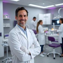 Obraz premium A professional dentist in a white lab coat andhands folded.