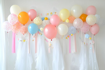 Party decorations with balloons, flags, confetti, and ribbons hanging on a white wall for celebrations