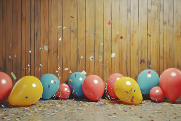 Party scene with festive balloons, streamers, and confetti laid over a wooden background