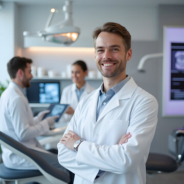 A professional dentist in a white lab coat andhands folded.