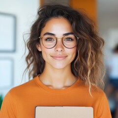 Smiling young woman with wavy brown hair wearing glasses and an orange shirt, holding a folder.