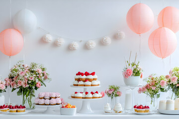 Party scene with traditional decorations and a minimalist white backdrop for elegance