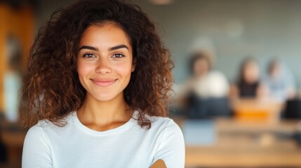 Fototapeta premium Portrait of a smiling young woman with curly brown hair. She is wearing a white shirt and is in a blurred office setting.