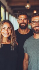 Fototapeta premium Three smiling friends, a woman and two men, pose for a photo. Warm lighting and a casual atmosphere.
