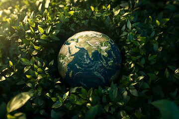 Planet Earth surrounded by green foliage and sunlight emphasizing conservation and sustainable practices