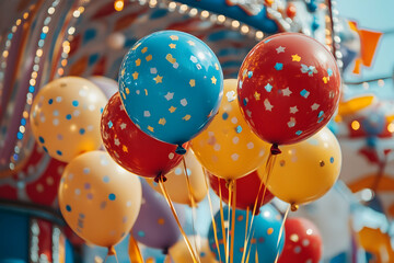 Playful festival scene with colorful balloons against a backdrop of vibrant decorations
