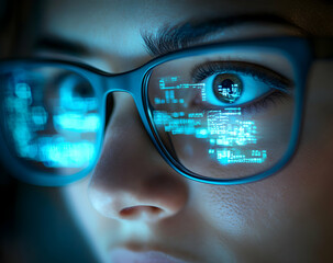 Focused coder with glasses reflecting lines of luminous code, engrossed in digital interface, conveying intelligence and innovative technology concept