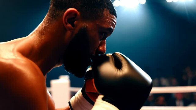 Professional boxers fighting fiercely, delivering powerful blows, showcasing intense athletic prowess and competitive spirit inside boxing ring