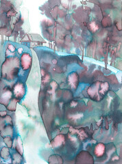 Landscape fantasy house trees and meadow with flowers hand drawn with blue and emerald ink on white paper for graphic design.