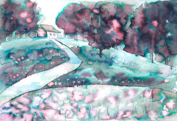 The path to the house, trees and meadow with flowers are hand-drawn with blue and emerald ink on white paper for graphic design. This is a beautiful and mysterious fantasy landscape for graphic design