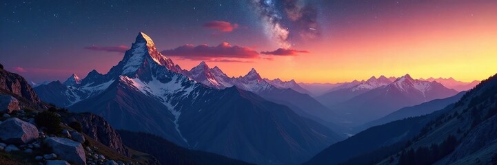 Fototapeta premium Landscape of mountains at dusk with a warm golden glow and Milky Way stars, mountain peaks, scenery, Milky Way
