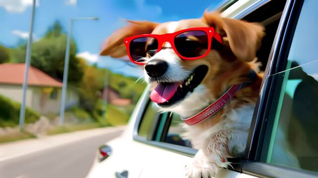車の窓から顔を出すサングラスをかけたボーダーコリー