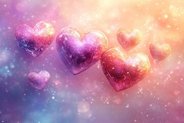 Fototapeta premium Abstract illustration of floating hearts in pastel pink and purple colors, with glittering effects and soft bokeh background. Sparkling, romantic, and dreamy atmosphere