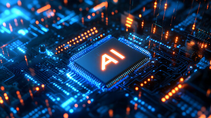 Illuminated AI Microchip on Complex Circuit Board, Symbolizing Advanced Artificial Intelligence and Technological Innovation in Data Processing Era