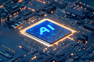 Obraz premium Illuminated artificial intelligence microchip on motherboard, signifying advanced technological innovation and neural network processing capabilities