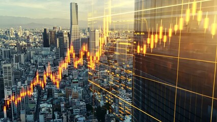 City skyline with rising stock market graph on building