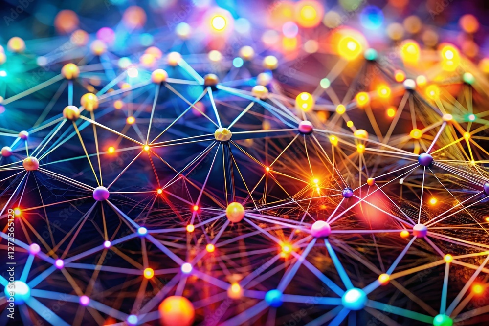 Poster macro glowing digital network: abstract tech background with illuminated nodes and connections