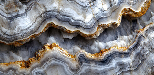 Fototapeta premium Intricate formations within natural stone revealing layers of grey, white, and gold mineral deposits, creating a captivating geological texture