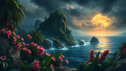 Spectacular oil painting stylistic composition of a mysterious South Pacific island at sunset with gorgeous pink orchids in foreground. 
