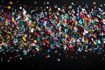 Iridescent Delights, A Cascade of Colorful Confetti and Metallic Shards Against a Deep Black Canvas, Evoking a Celebratory and Festive Atmosphere
