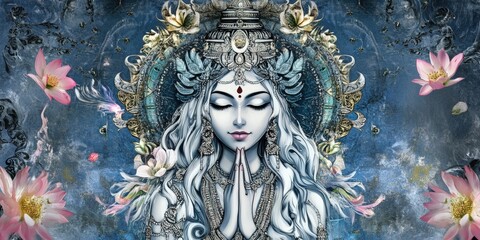 Spiritual woman in meditation with lotus flowers on blue background