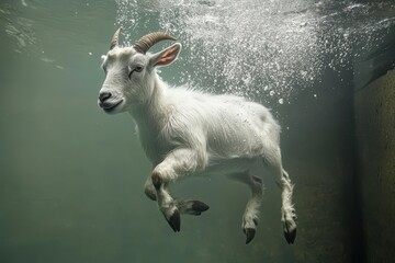 Obraz premium A white goat gracefully swims underwater, bubbles rising around it. This unique image depicts an unusual scene, perfect for illustrating surrealism or unexpected situations.