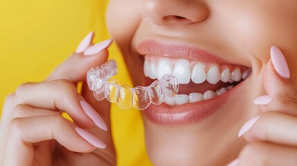 Woman Inserting Clear Dental Aligner on Yellow Background. Close-up of a smiling woman inserting a clear dental aligner, highlighting orthodontic treatment and teeth straightening, yellow background