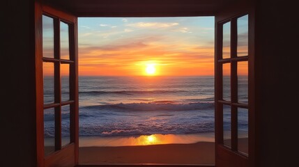 Fototapeta premium Ocean Sunset Viewed From Open Wooden Window