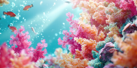 Naklejka premium Colorful underwater world wallpaper. Tropical fish, multicolored algae and corals, underwater world background.
