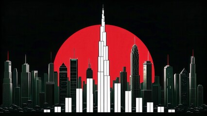 Obraz premium Futuristic City Skyline at Night with Red Sun