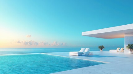 Luxury Poolside Lounge with Ocean View in Santorini Style 3D Rendering