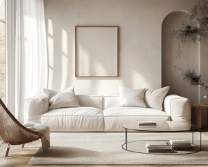 Fototapeta premium Mockup Poster Frame in Minimalistic Living Room with Scandinavian Design Luxurious Apartment