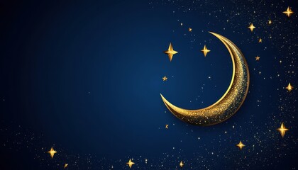 Naklejka premium Gold Crescent Moon and Stars on Dark Blue Night Sky Background