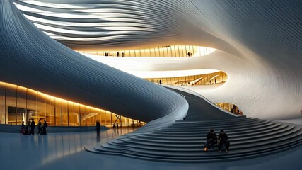 Modern architectural interior with curved walls, stairs, people gathering, warm lighting