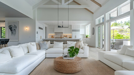 Fototapeta premium Spacious open-plan living room with white sofa and clean modern design