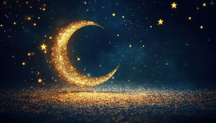 Naklejka premium Golden Crescent Moon and Stars in a Dark Blue Night Sky