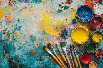 Fototapeta premium Palette of creativity, an artistic symphony of vibrant colors, brushes, and textures evoking imagination and artistic expression ready for canvas dreams
