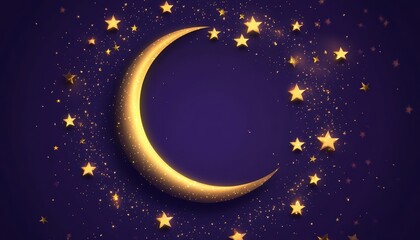 Naklejka premium Golden Crescent Moon and Stars on Purple Night Sky Background