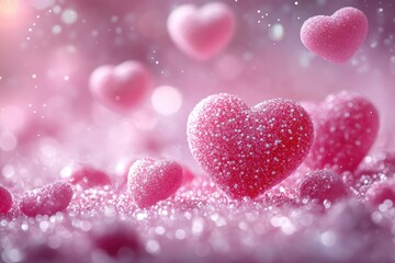 Pink heart-shaped candies scattered on a sparkling pink background, soft focus, bokeh effect, romantic, love, valentines day, hearts, glitter, sparkle, sweet, candy, sugared, valentine, love theme