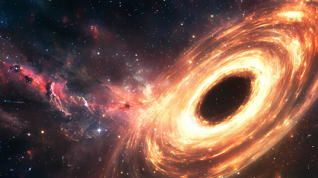 Accretion disk around a black hole with cosmic inflation causing galactic nuclei to move apart surrounded by the interstellar medium and magnetars. Galactic Energy Waves. Illustration
