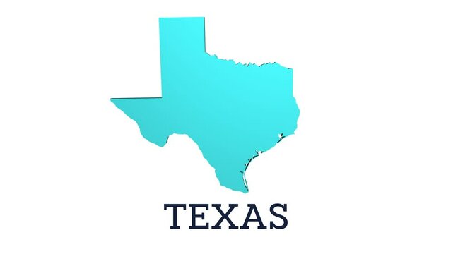 3D animated map of United States with highlighted Texas state and text on white background. Motion illustration video.