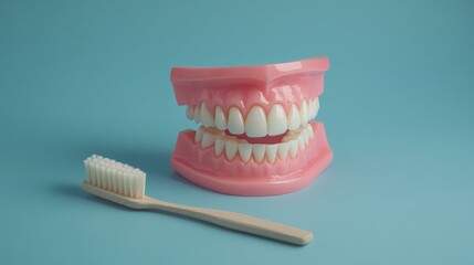  Dental Model and Toothbrush on Blue Background. Dental model with white teeth and a wooden toothbrush placed on a blue background, highlighting oral hygiene and dental care.